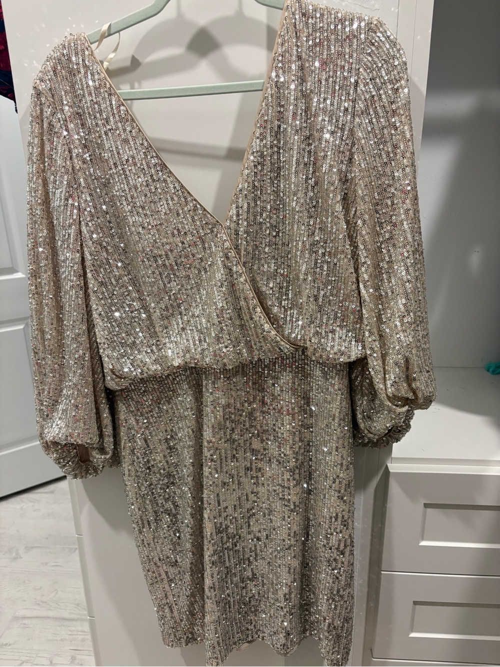 Eliza J Champagne Sequin V-Neck Long Sleeve Cocktail Dress